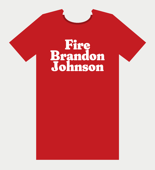 Red T-shirt with Fire Brandon Johnson in white serif letters